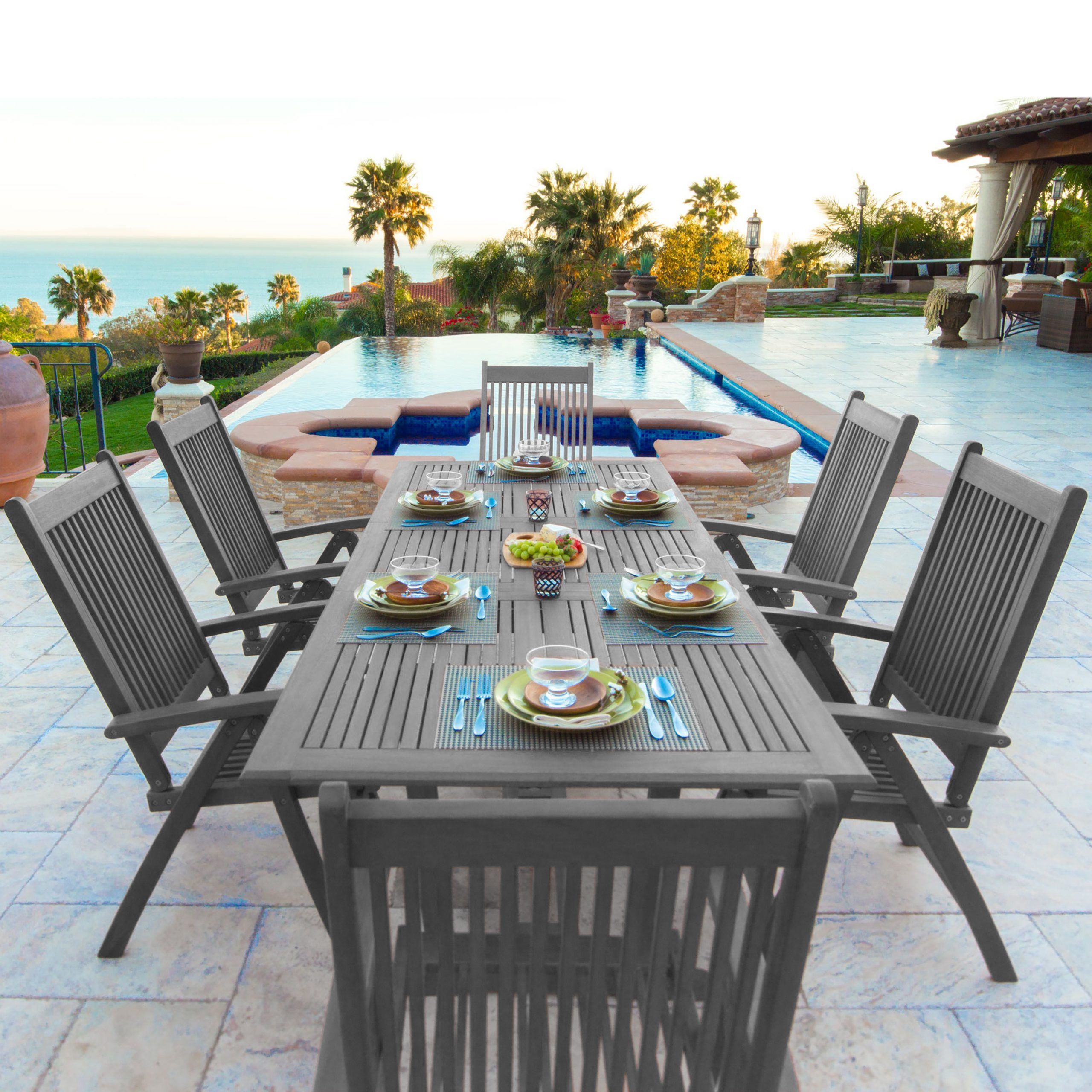 Renaissance Outdoor Patio Hand Scraped Wood 7 Piece Dining Set With In Extendable 7 Piece Patio Dining Sets (View 2 of 15)