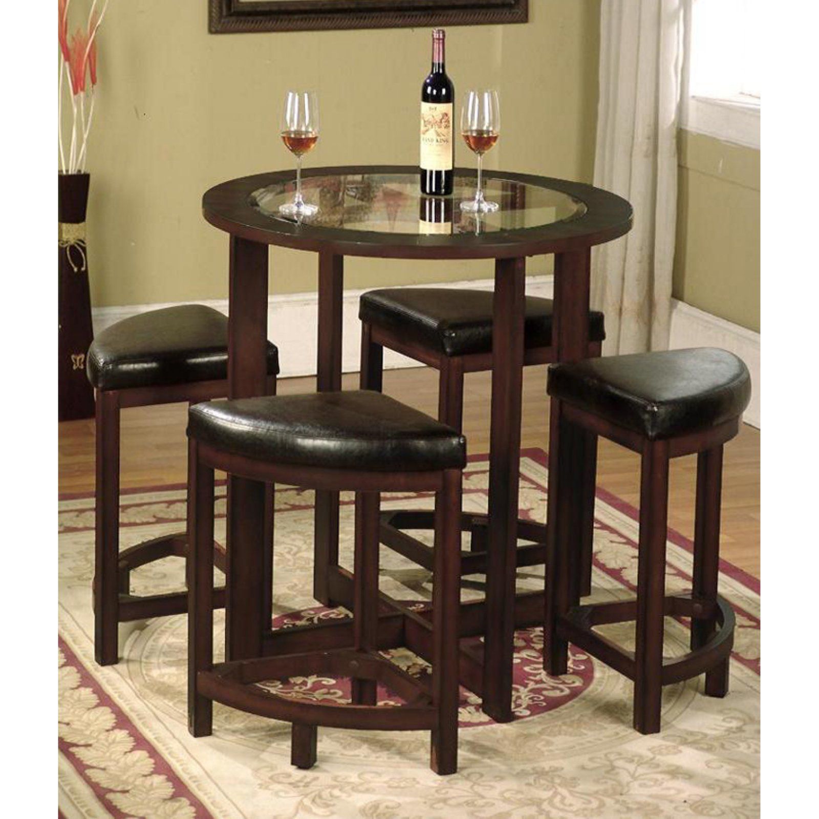 Roundhill Furniture Cylina Solid Wood Glass Top Round Counter Height Regarding Wood Bistro Table And Chairs Sets (View 15 of 15)