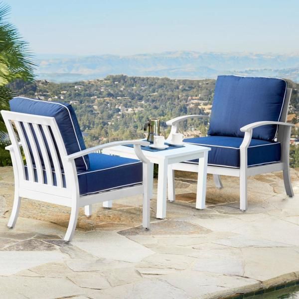 Royal Garden Bridgeport White 3 Piece Aluminum Patio Seating Set With Pertaining To Blue 3 Piece Outdoor Seating Sets (View 4 of 15)