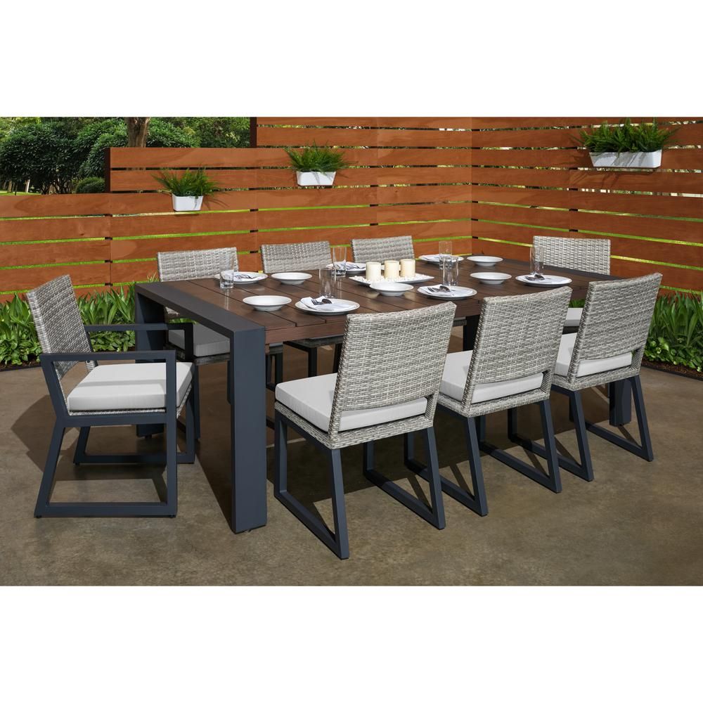 Rst Brands Milo Grey 9 Piece Wicker Outdoor Dining Set With Sunbrella Intended For Gray Wicker Rectangular Patio Dining Sets (View 5 of 15)