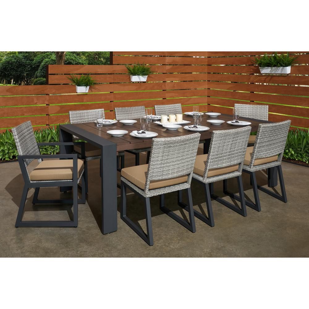 Rst Brands Milo Grey 9 Piece Wicker Outdoor Dining Set With Sunbrella With 9 Piece Patio Dining Sets (View 10 of 15)
