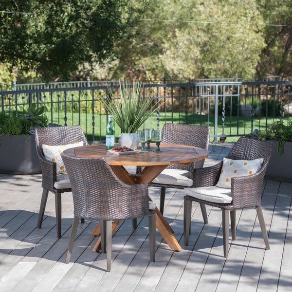 Ryan Outdoor 5 Piece Round Wicker Wood Dining Set With Cushions In Gray Wicker 5 Piece Round Patio Dining Sets (View 15 of 15)