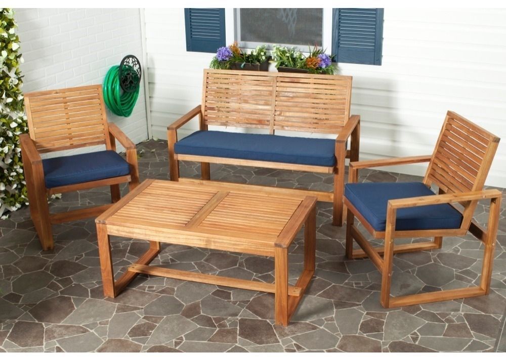 Safavieh Outdoor Living Ozark Brown/ Navy Acacia Wood 4 Piece Patio Set Inside Navy Outdoor Seating Sectional Patio Sets (View 15 of 15)