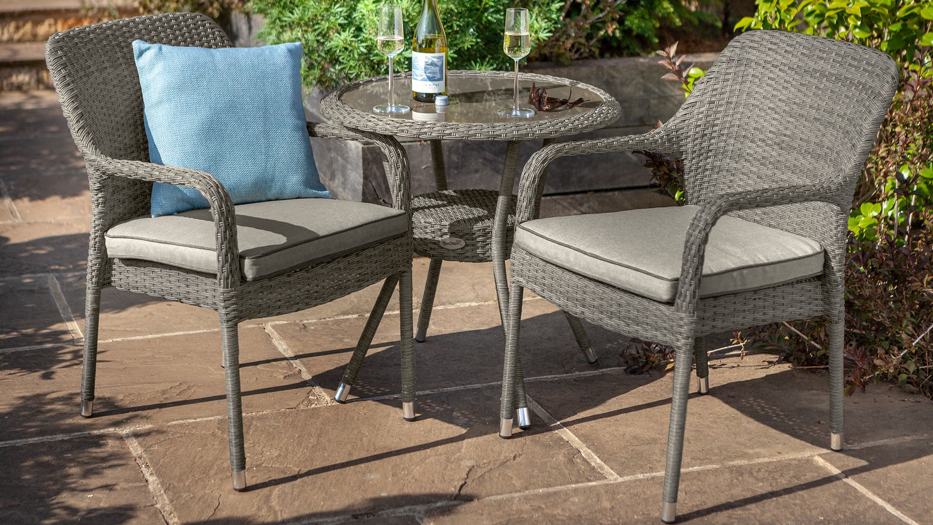 Savoy Stacking Bistro Set Grey – Savoy – Wicker Garden Furniture Pertaining To Gray Wash Wood Porch Patio Chairs Sets (View 3 of 15)