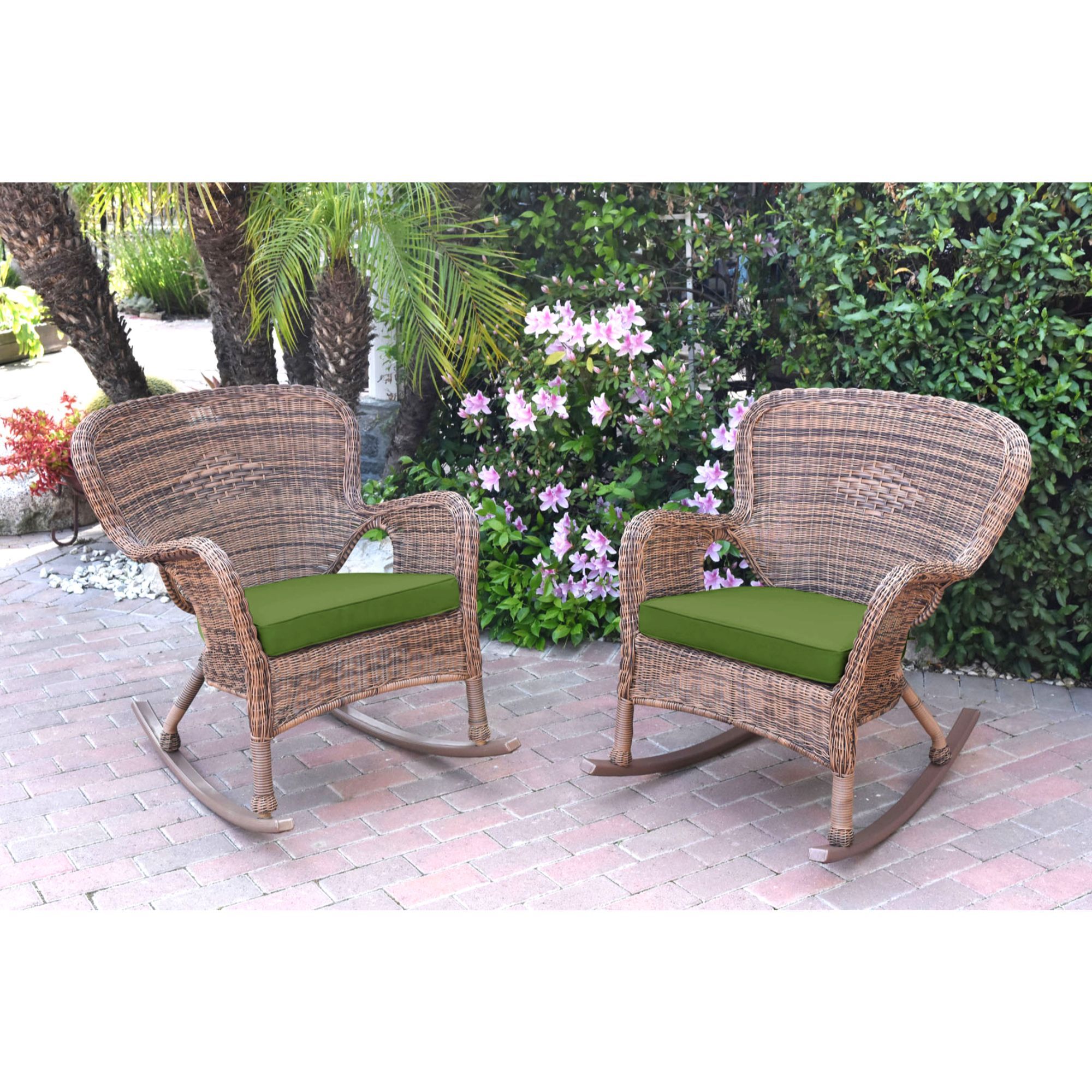 Set Of 2 Brown And Green Windsor Outdoor Patio Wicker Chair And Pertaining To Green Rattan Outdoor Rocking Chair Sets (View 1 of 15)