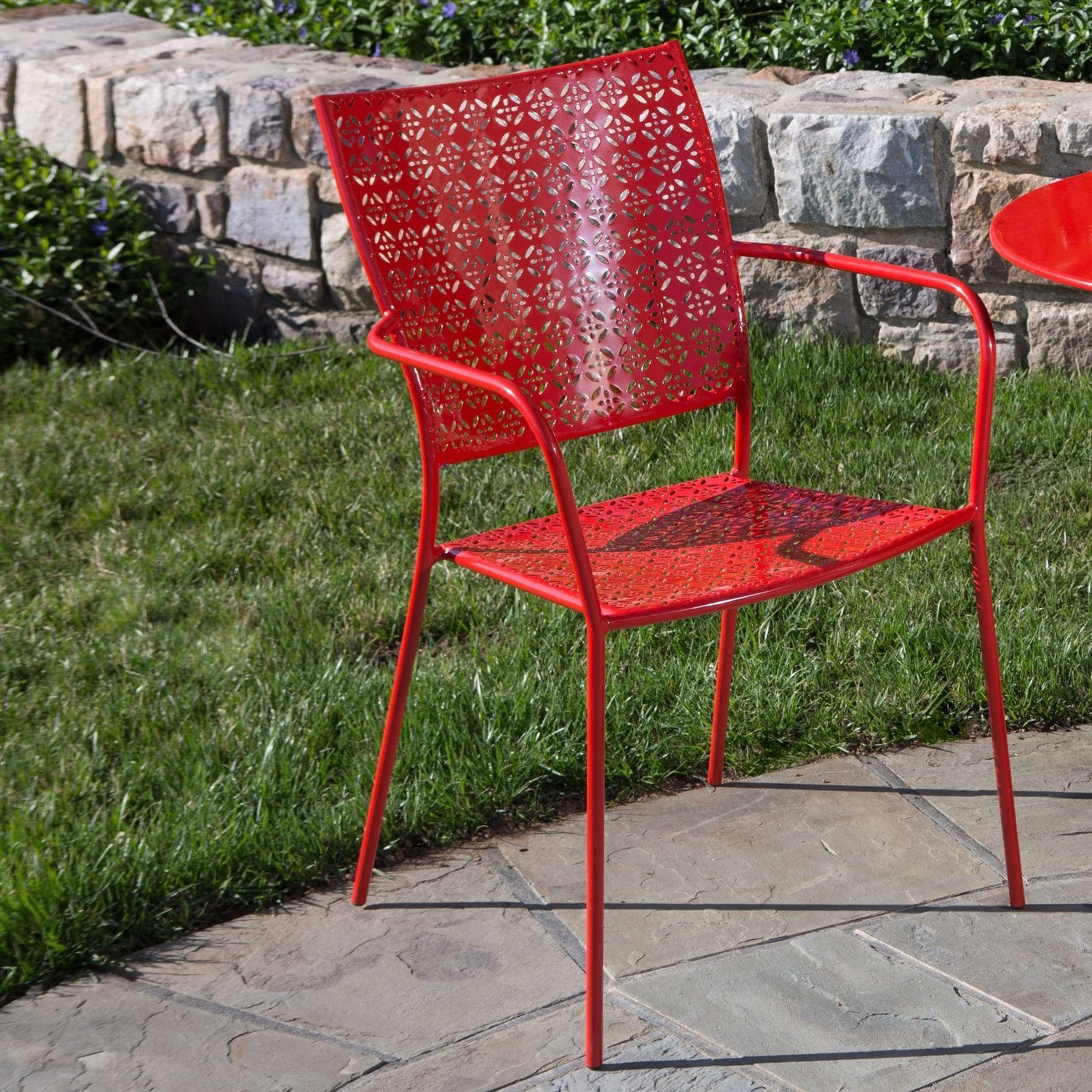 Set Of 2 – Steel Outdoor Stackable Dining Arm Chair In Red Cherry With Red Steel Indoor Outdoor Armchair Sets (View 9 of 15)