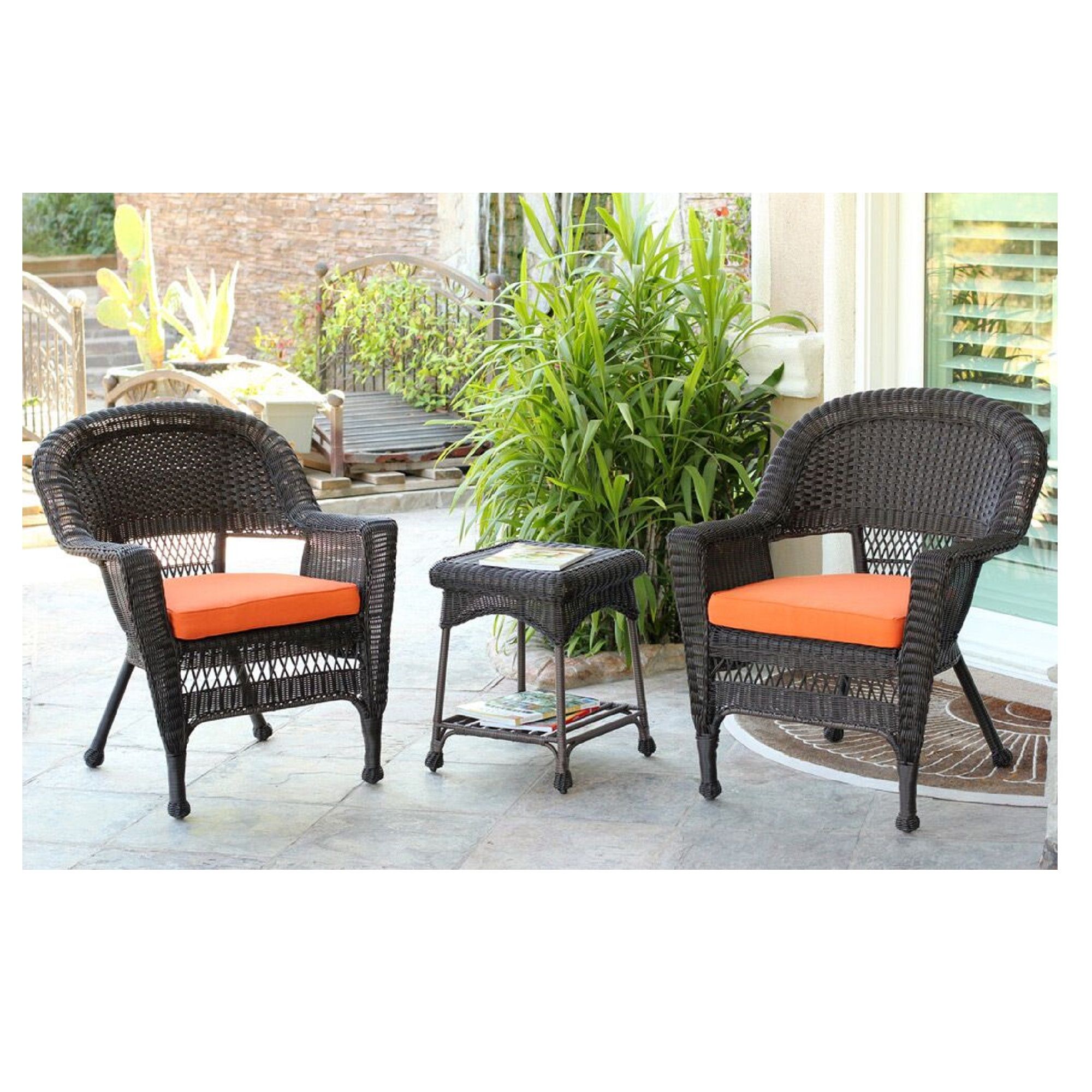 Set Of 3 Espresso Brown Resin Wicker Patio Chairs And End Table For Outdoor Wicker Orange Cushion Patio Sets (View 11 of 15)