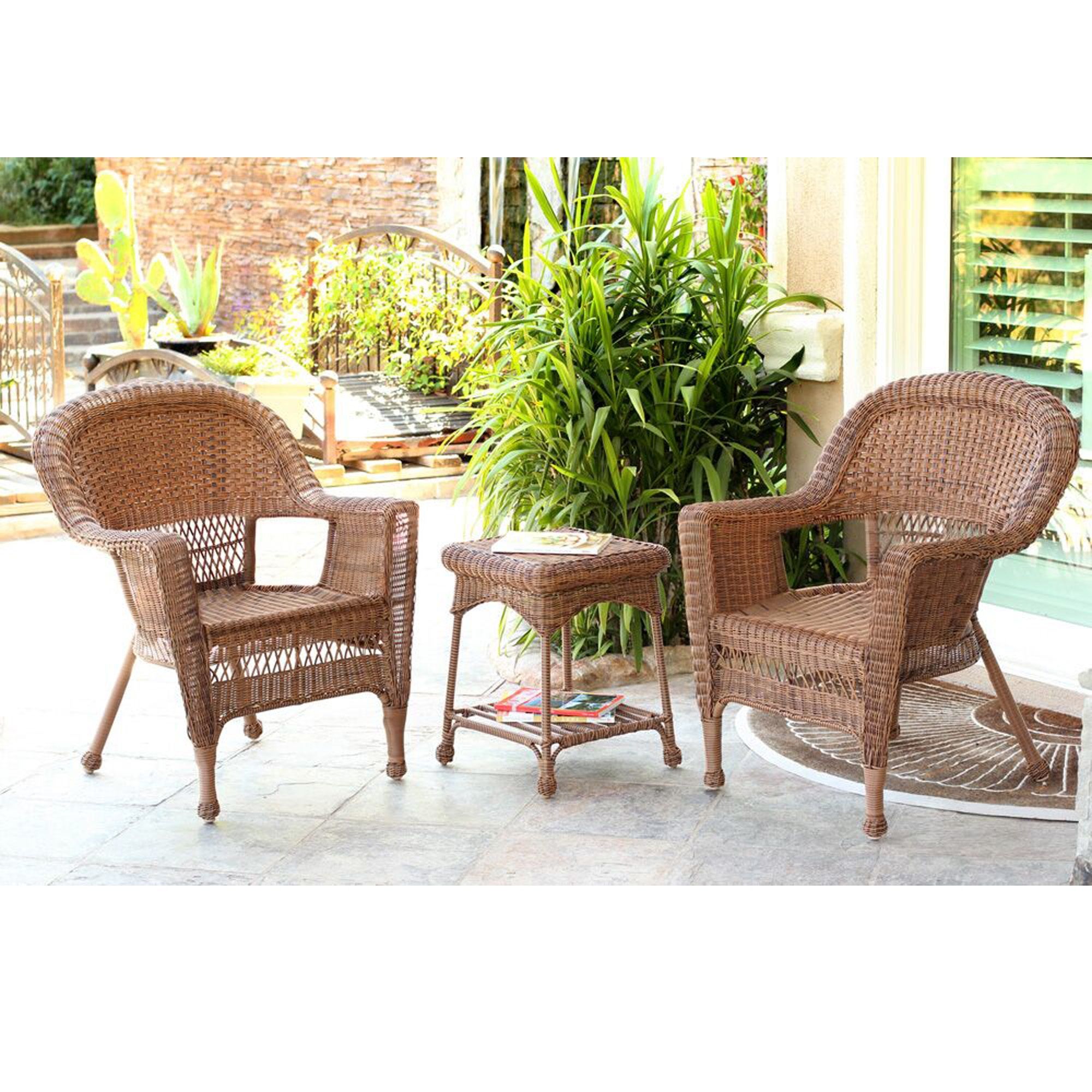 Set Of 3 Honey Brown Resin Wicker Patio Chairs And End Table Furniture Intended For Rattan Wicker Outdoor Seating Sets (View 11 of 15)