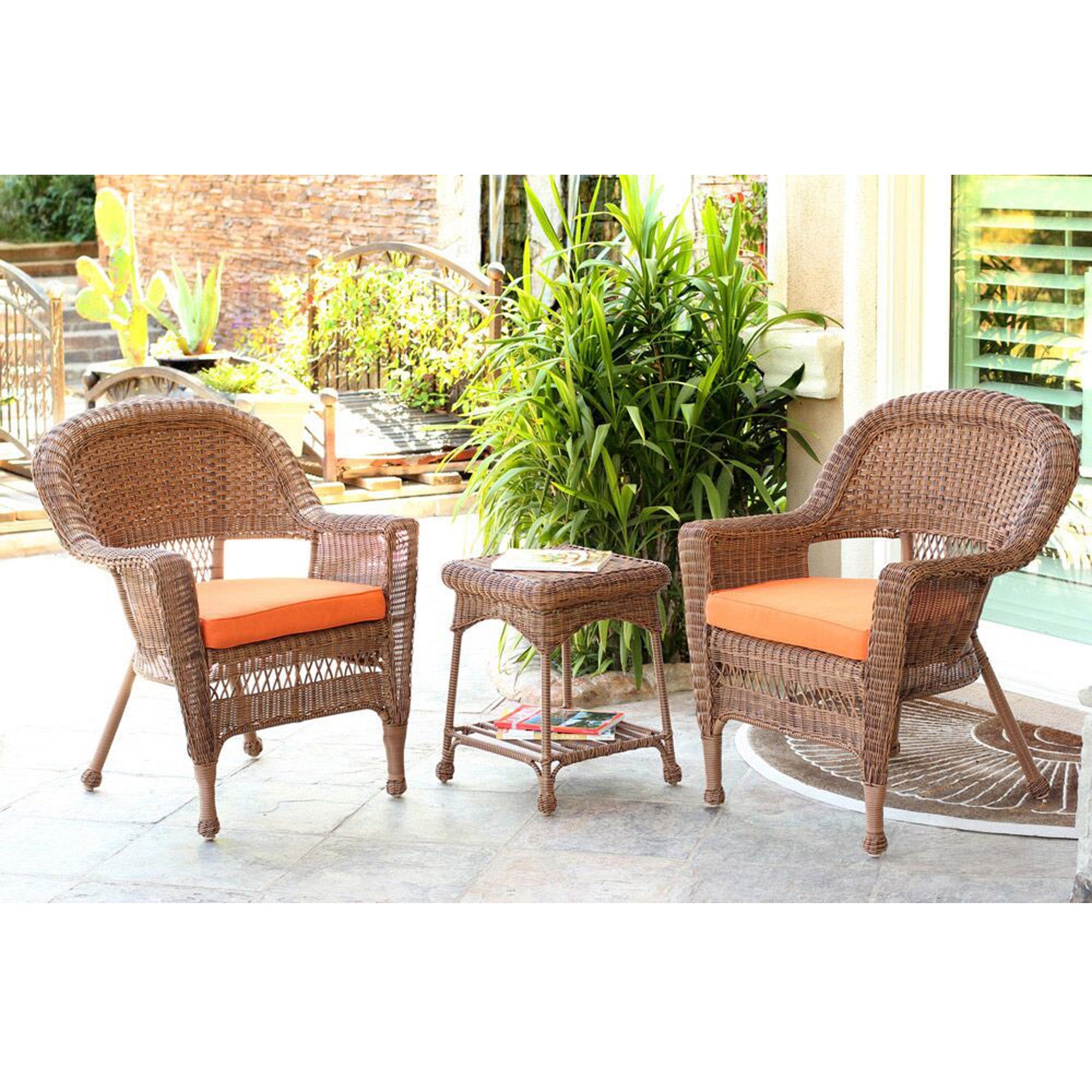 Set Of 3 Honey Brown Resin Wicker Patio Chairs And End Table With In Outdoor Wicker Orange Cushion Patio Sets (View 4 of 15)