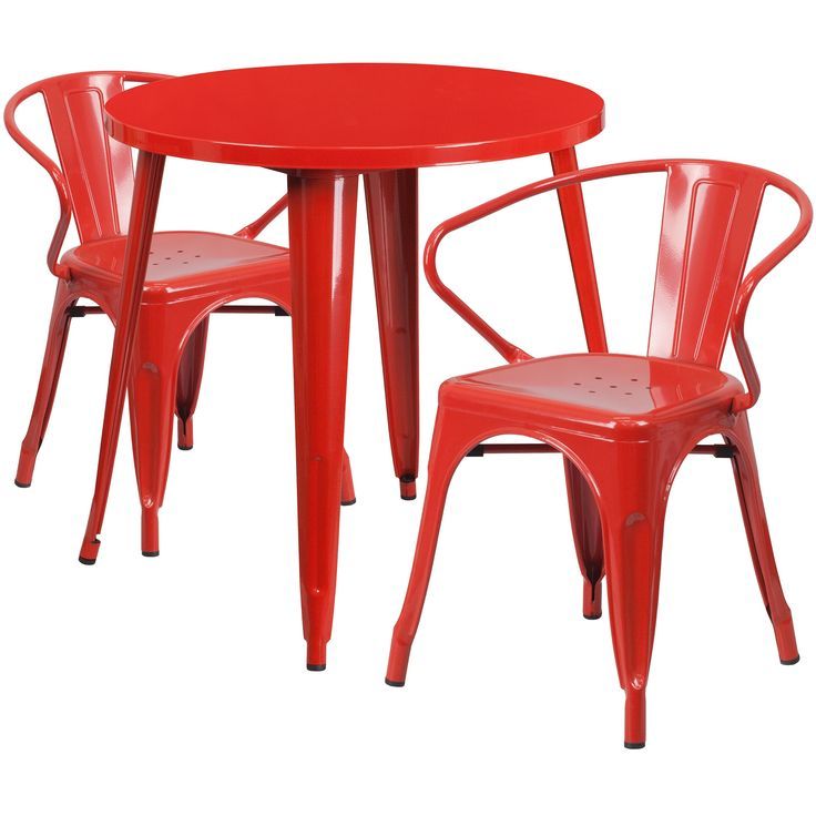 Set Of 3 Round Red Metal Indoor And Outdoor Table With Arm Chair Set 30 Intended For Red Steel Indoor Outdoor Armchair Sets (View 14 of 15)