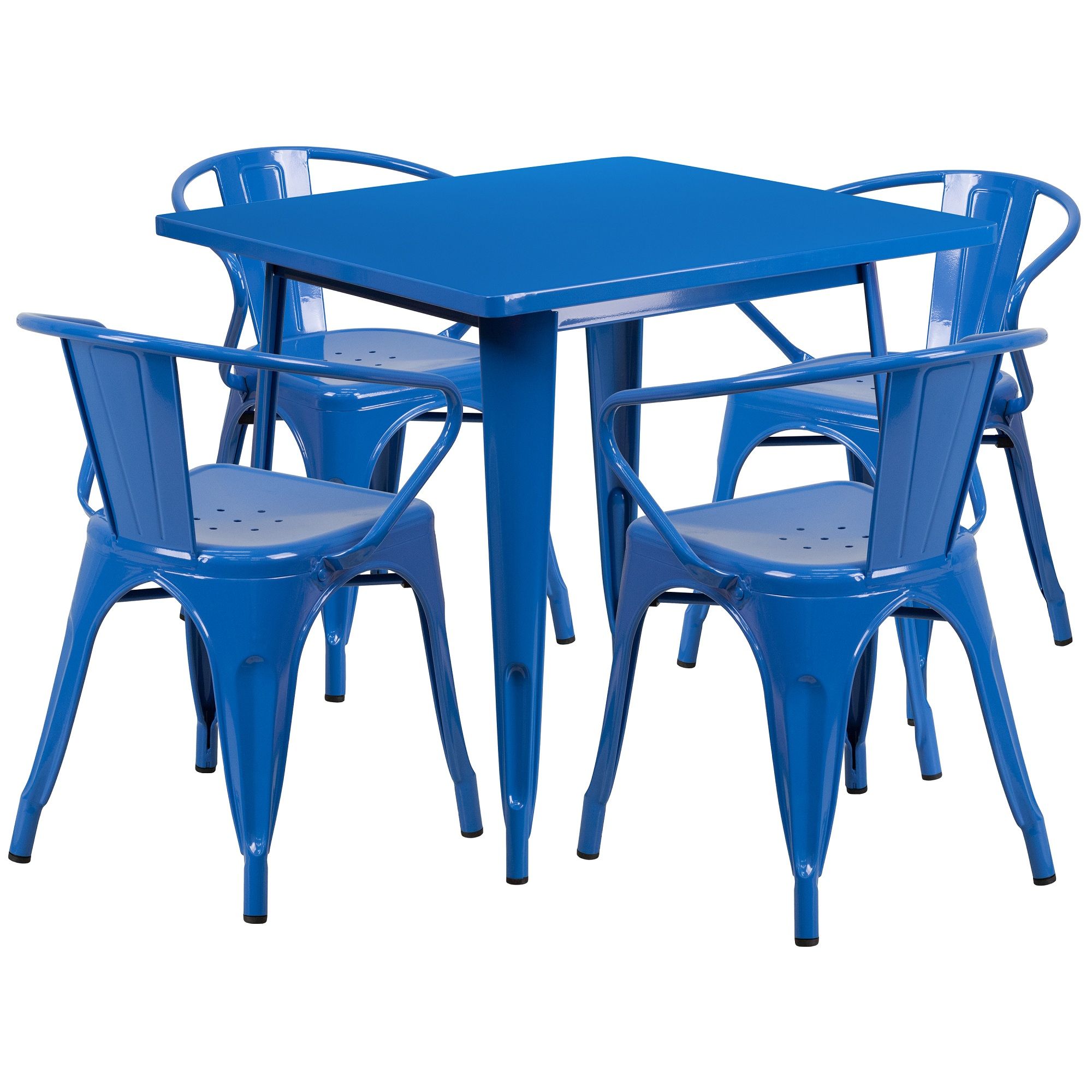 Set Of 5 Blue Square Metal Indoor Outdoor Table With Arm Chair  (View 12 of 15)