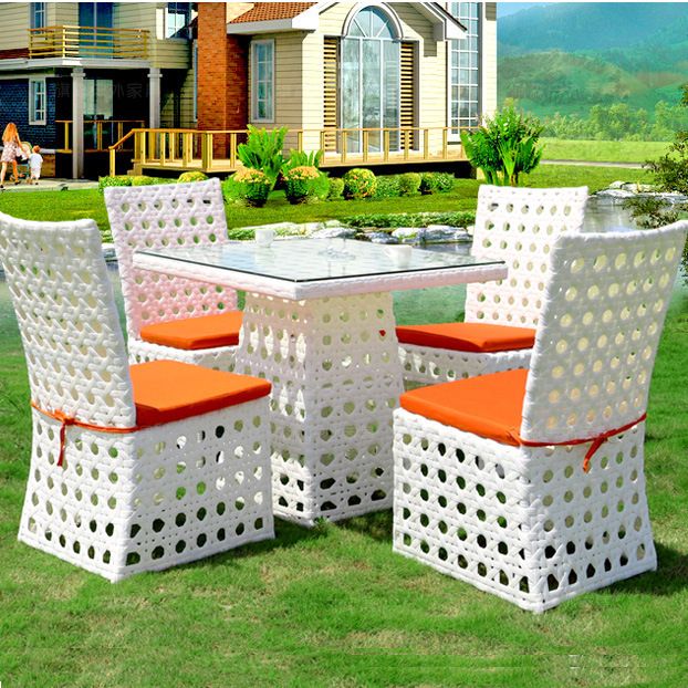 Set Of 5Pcs All Weather Outdoor White Wicker Rattan Patio Dining Table Pertaining To Outdoor Wicker Orange Cushion Patio Sets (View 12 of 15)