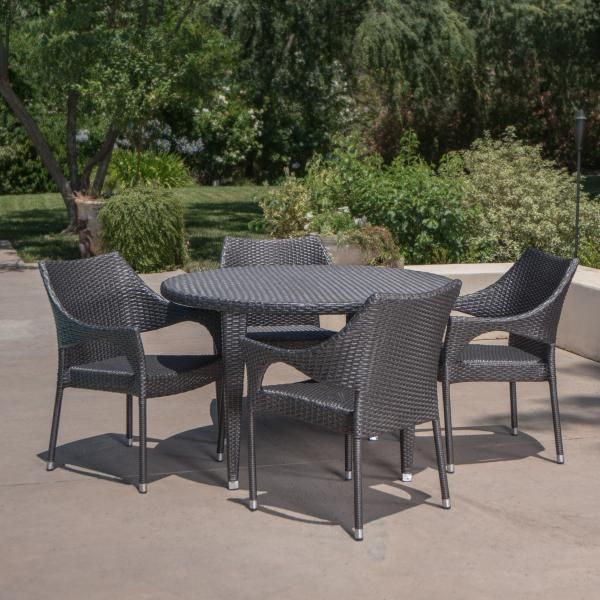 Shelton Outdoor 5 Piece Wicker Circular Dining Set, Grey – Rocshop In Gray Wicker 5 Piece Round Patio Dining Sets (View 3 of 15)