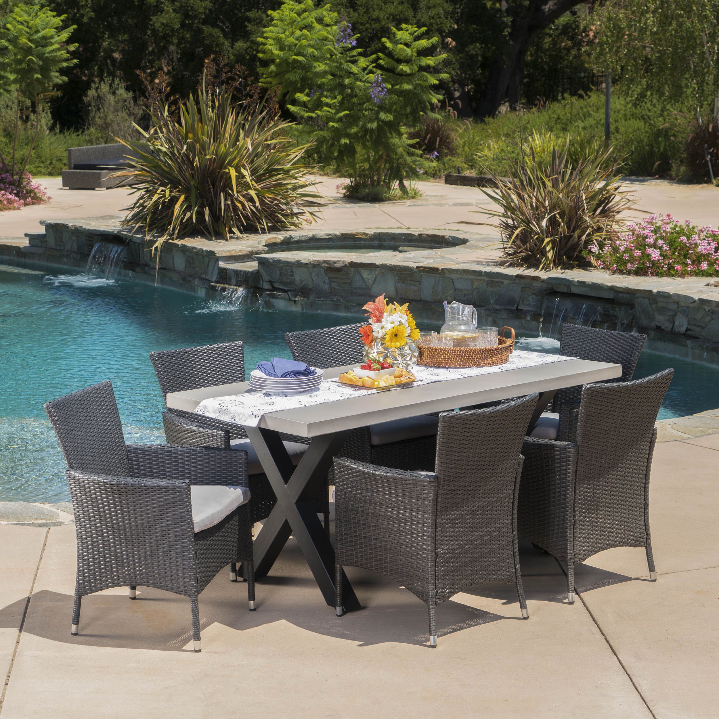 Shiloh Outdoor 7 Piece Dining Set With Concrete Rectangular Table And Inside White Rectangular Patio Dining Sets (View 13 of 15)