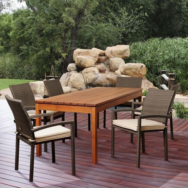 Shop Amazonia Adriana 7 Piece Eucalyptus And Wicker Outdoor Dining Set In Off White Cushion Patio Dining Sets (View 7 of 15)