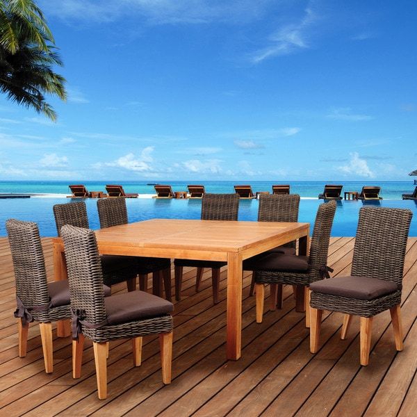 Shop Amazonia Teak Sinclair 9 Piece Wicker/ Teak Square Patio Dining For 9 Piece Outdoor Square Dining Sets (View 11 of 15)
