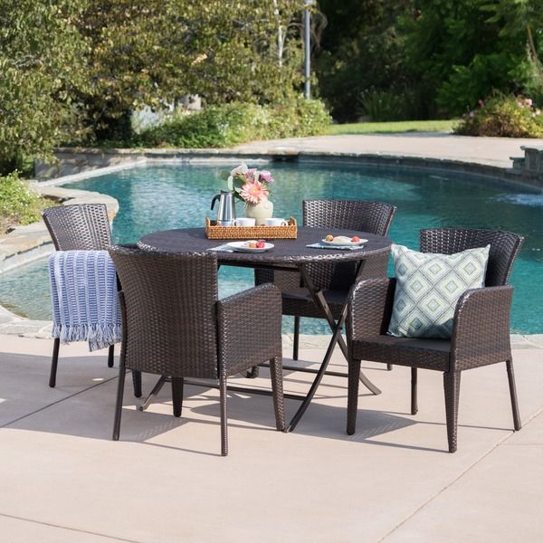 Shop Bram Outdoor 5 Piece Round Foldable Wicker Dining Set With With Wicker 5 Piece Round Patio Dining Sets (View 11 of 15)