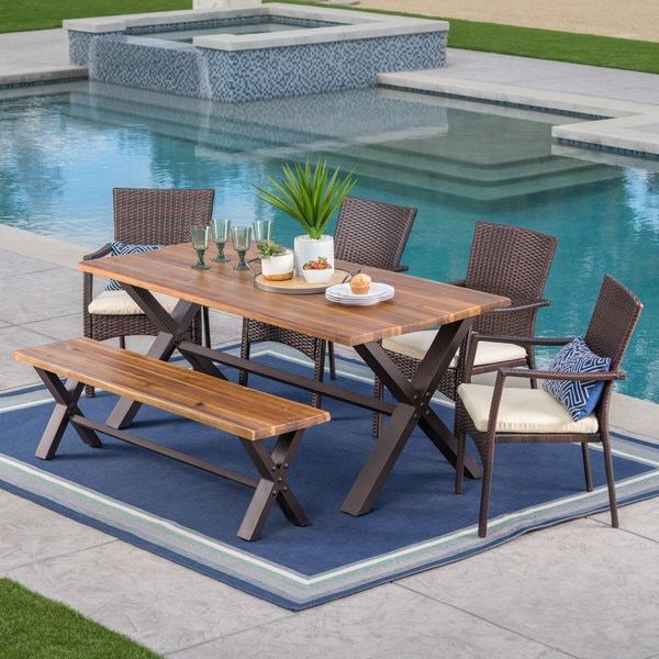 Shop Brandywine Outdoor 6 Piece Rectangle Wicker Wood Dining Set With Within Large Rectangular Patio Dining Sets (View 10 of 15)
