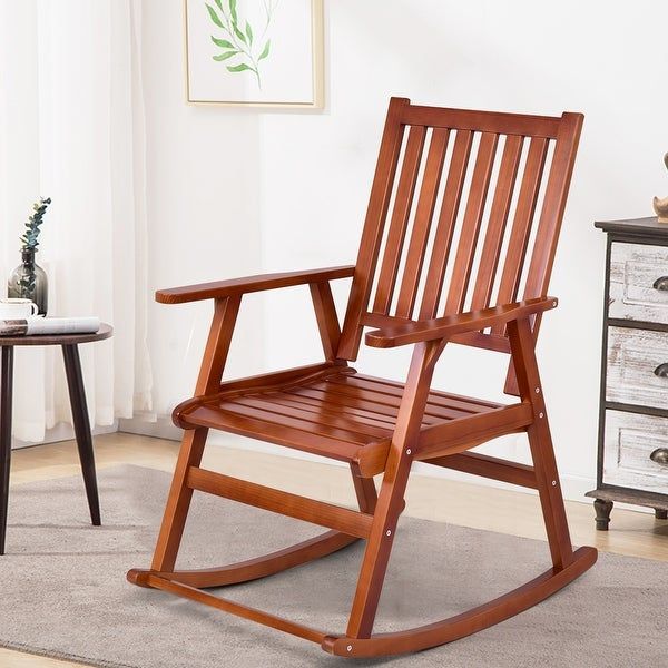 Shop Costway Wood Rocking Chair Single Porch Rocker Indoor Outdoor Inside Dark Natural Rocking Chairs (View 3 of 15)