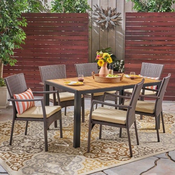 Shop Goodwin Outdoor 6 Seater Rectangular Acacia Wood And Wicker Dining Intended For Brown Wicker Rectangular Patio Dining Sets (View 12 of 15)