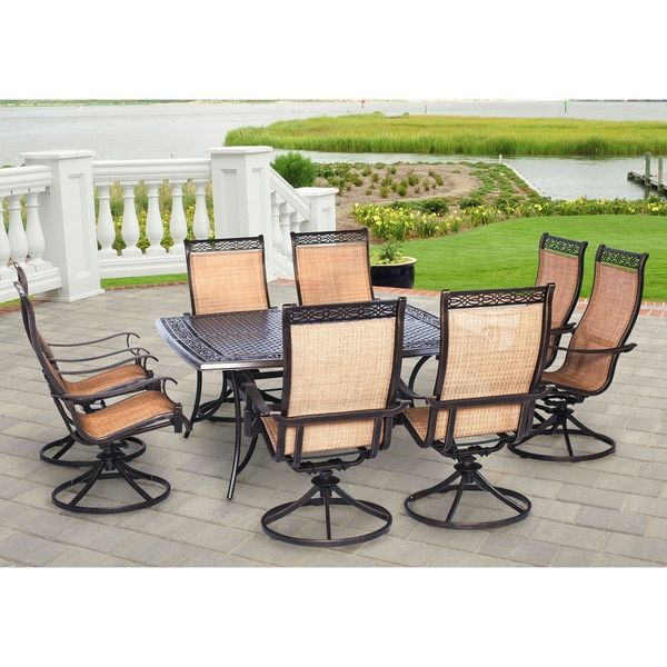 Shop Hanover Manor Tan Aluminum 9 Piece Outdoor Dining Set With Large Throughout Square 9 Piece Outdoor Dining Sets (View 9 of 15)