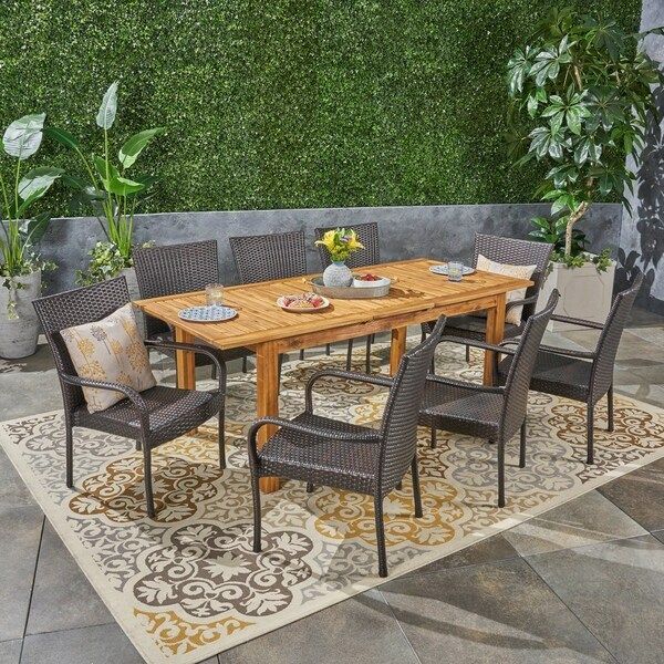 Shop Hayes Outdoor 9 Piece Wood And Wicker Expandable Dining Set Intended For Wicker Square 9 Piece Patio Dining Sets (View 2 of 15)