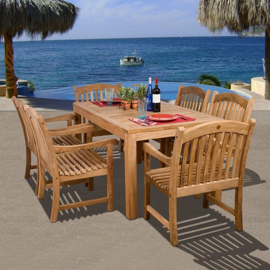 Shop International Home Amazonia Teak 7 Piece Brown Wood Frame Patio Pertaining To Teak Folding Chair Patio Dining Sets (View 11 of 15)