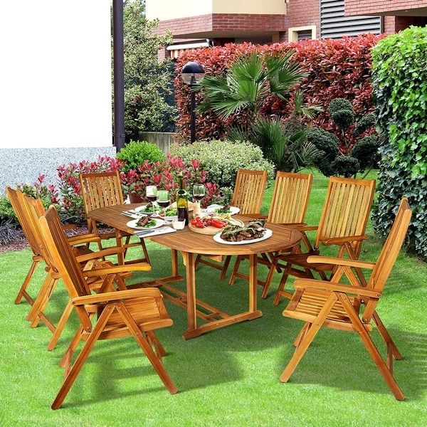 Shop Outsunny Acacia Wood 9 Piece Extendable Oval Patio Dining Table Pertaining To 9 Piece Oval Dining Sets (View 14 of 15)
