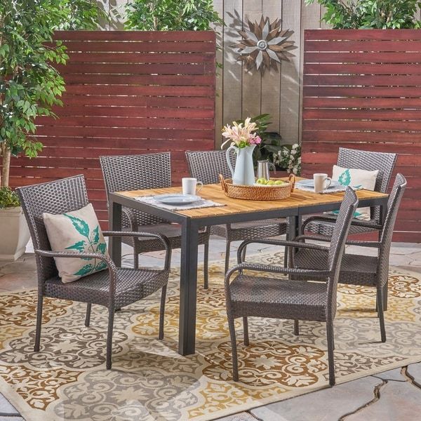 Shop Tyburn Outdoor 6 Seater Rectangular Acacia Wood And Wicker Dining With Regard To Wood Rectangular Outdoor Dining Sets (View 11 of 15)
