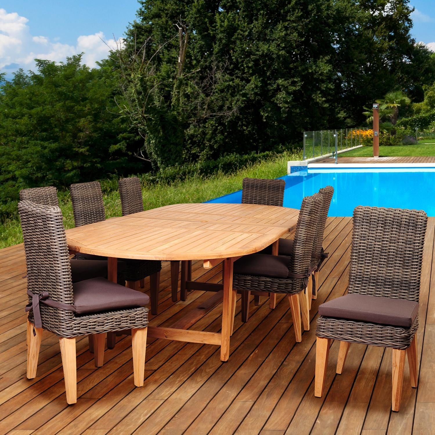Singapore 9 Piece Resin Wicker Patio Dining Set With 87 X 47 Inch Oval With Teak And Wicker Dining Sets (View 10 of 15)