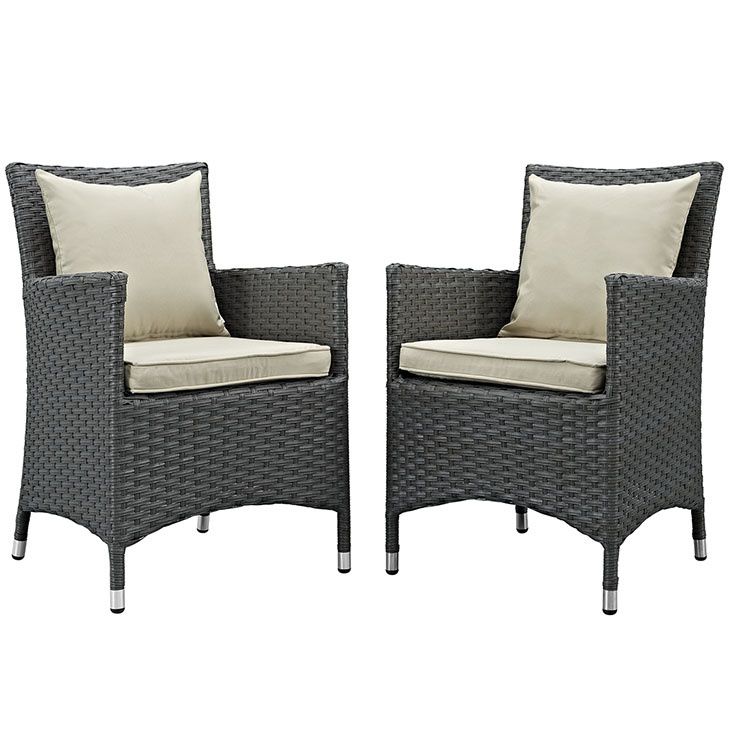 Sojourn 2 Rattan Patio Arm Chairs With Beige Fabric Cushionmodway With Regard To Fabric Outdoor Wicker Armchairs (View 9 of 15)