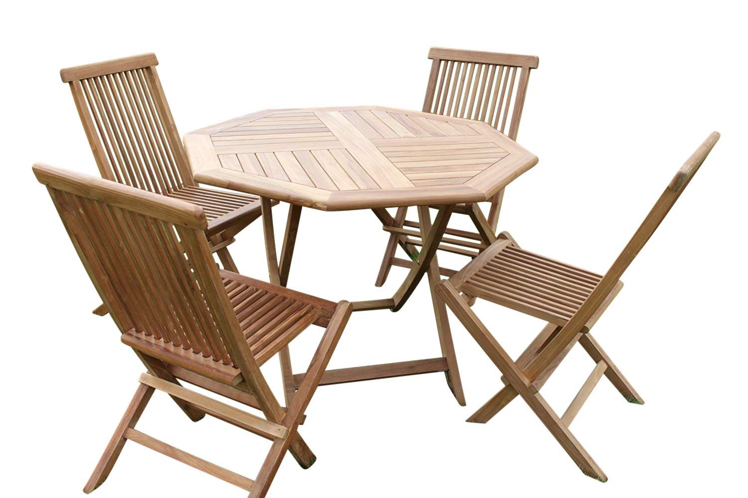 Solid Teak Octagonal Garden Dining Table And 4 Folding Chairs – Garden In Teak Folding Chair Patio Dining Sets (View 8 of 15)