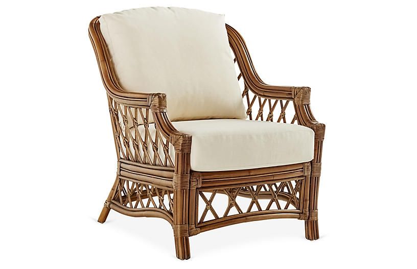 South Sea Rattan – Nadine Rattan Club Chair, Natural/White | One Kings Pertaining To Natural Woven Coastal Modern Outdoor Chairs Sets (View 8 of 15)