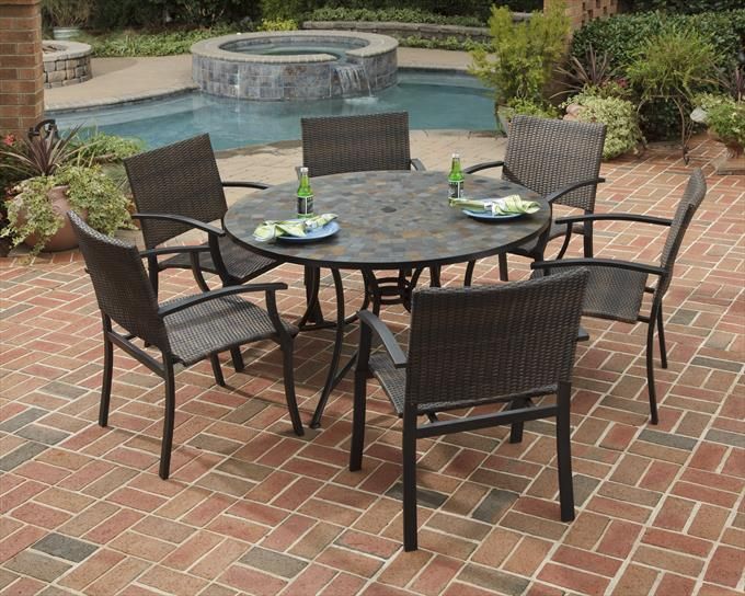 Stone Harbor 7 Piece 51" Outdoor Dining Table And 6 Newport Arm Chairs In 7 Piece Large Patio Dining Sets (View 11 of 15)