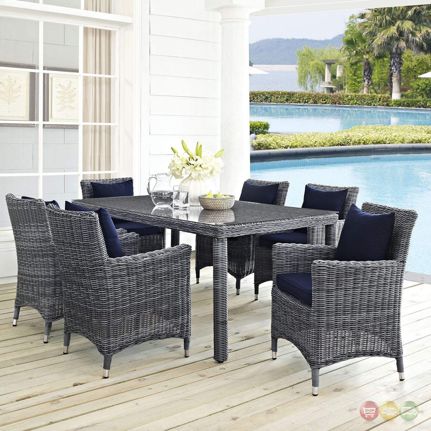 Summon Contemporary 7Pc Outdoor Patio Sunbrella 70" Dining Set, Canvas Navy Throughout Navy Outdoor Seating Sets (View 14 of 15)