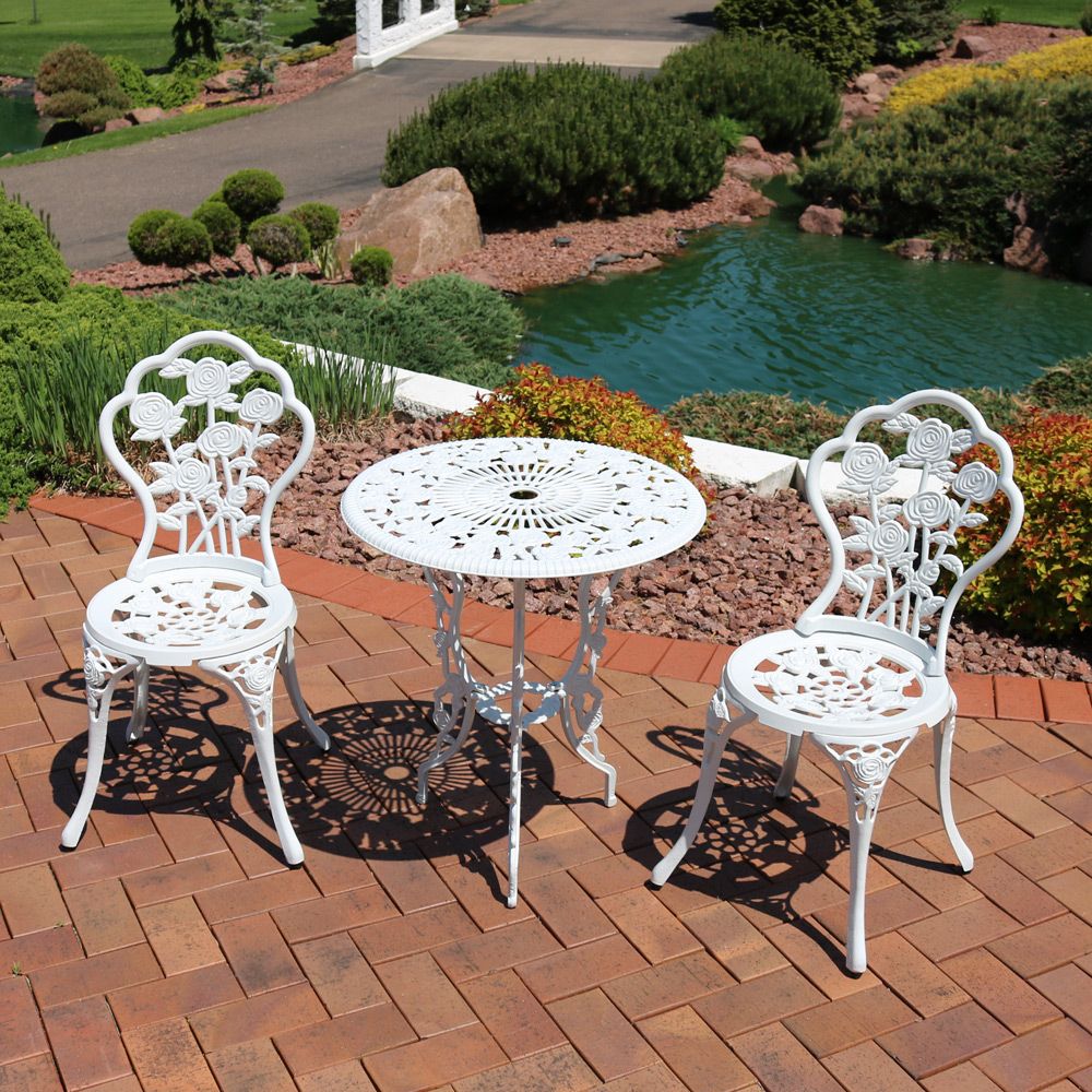 Sunnydaze 3 Piece Flower Designed Bistro Table Set With 2 Chairs Pertaining To 3 Piece Outdoor Table And Chair Sets (View 4 of 15)
