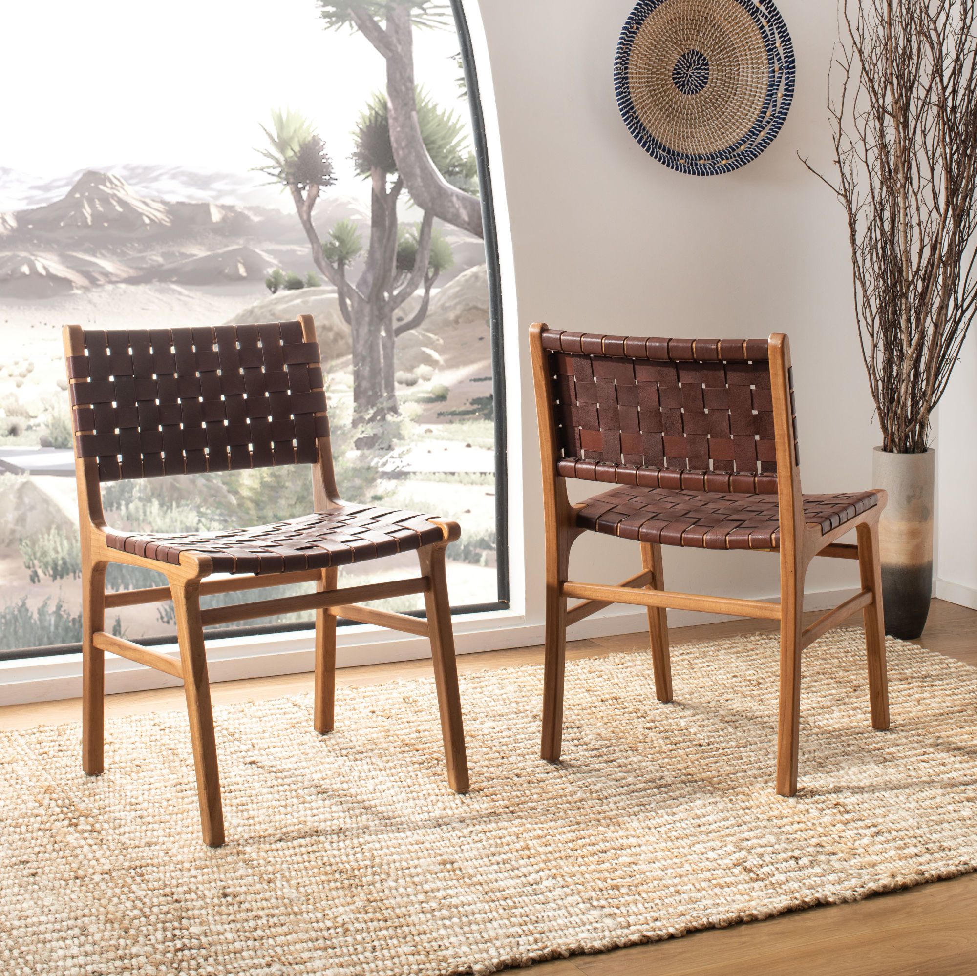 Taika Woven Leather Dining Chair 2 Set In Natural Woven Modern Outdoor Chairs Sets (View 2 of 15)
