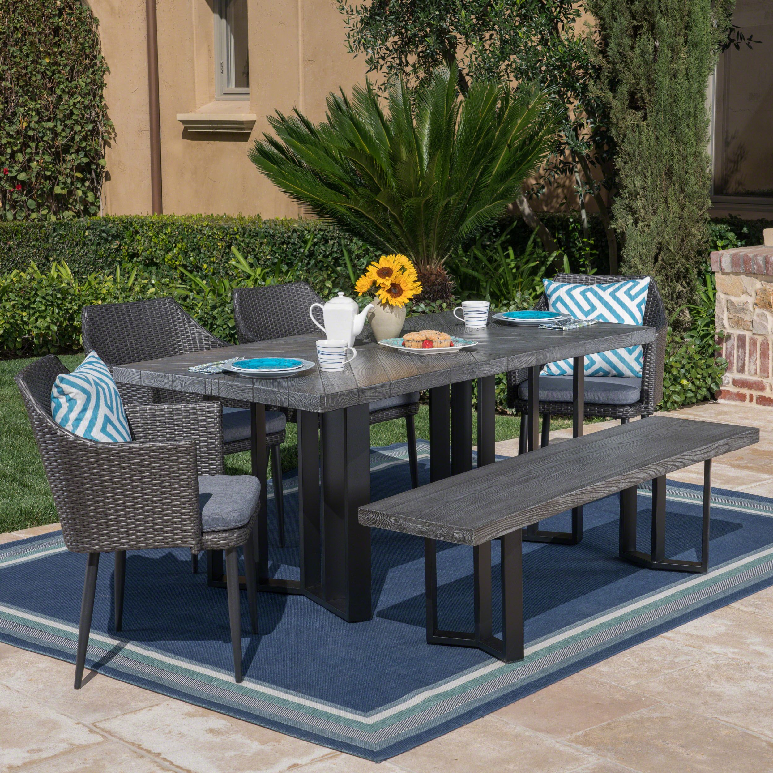 Tammy Outdoor 6 Piece Black Wicker Dining Set With Textured Grey Oak Regarding Patio Dining Sets With Cushions (View 7 of 15)