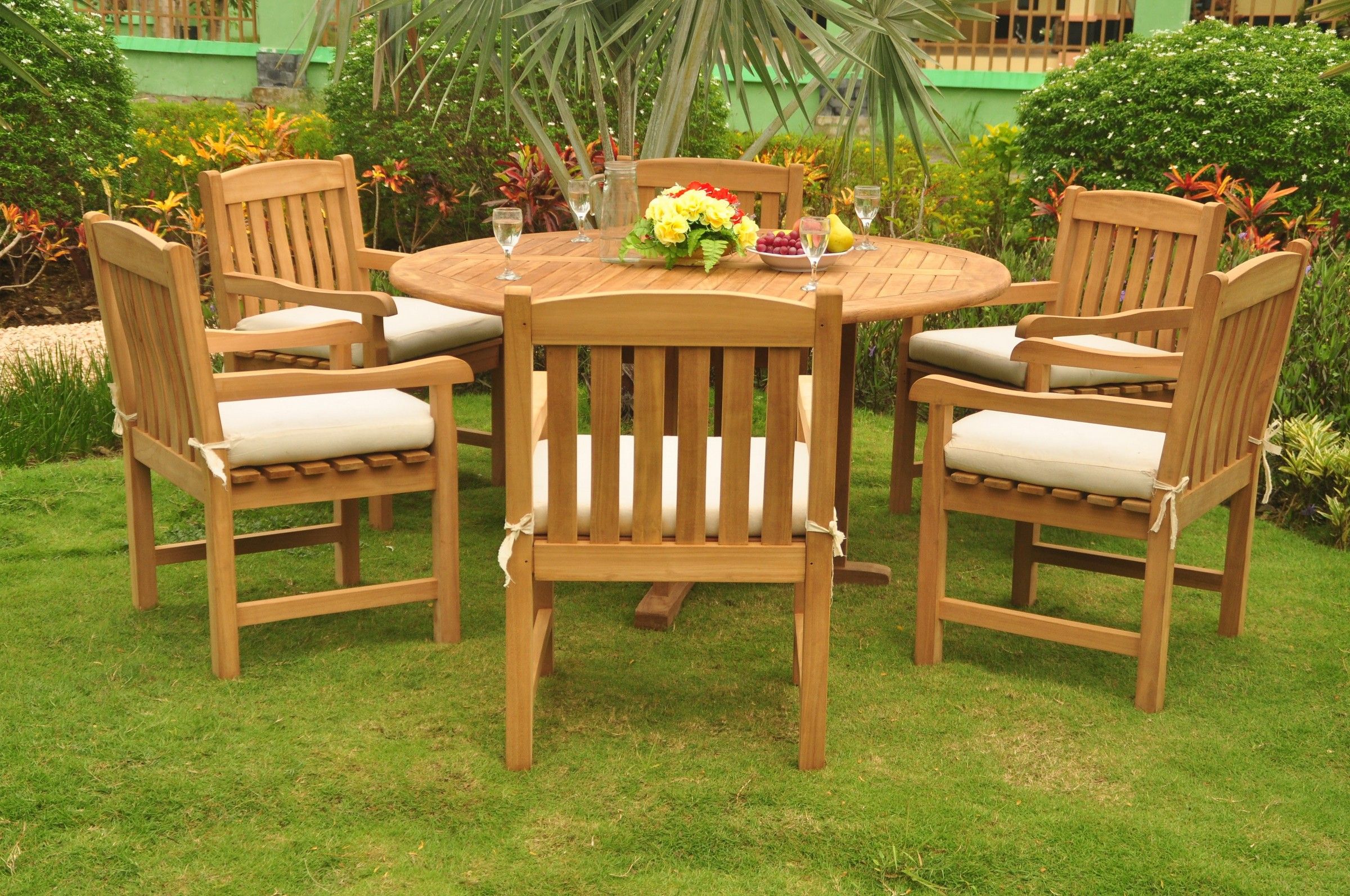 Teak Dining Set: 6 Seater 7 Pc: 60" Round Dining Table And 6 Devon Arm Throughout Teak Armchair Round Patio Dining Sets (View 1 of 15)
