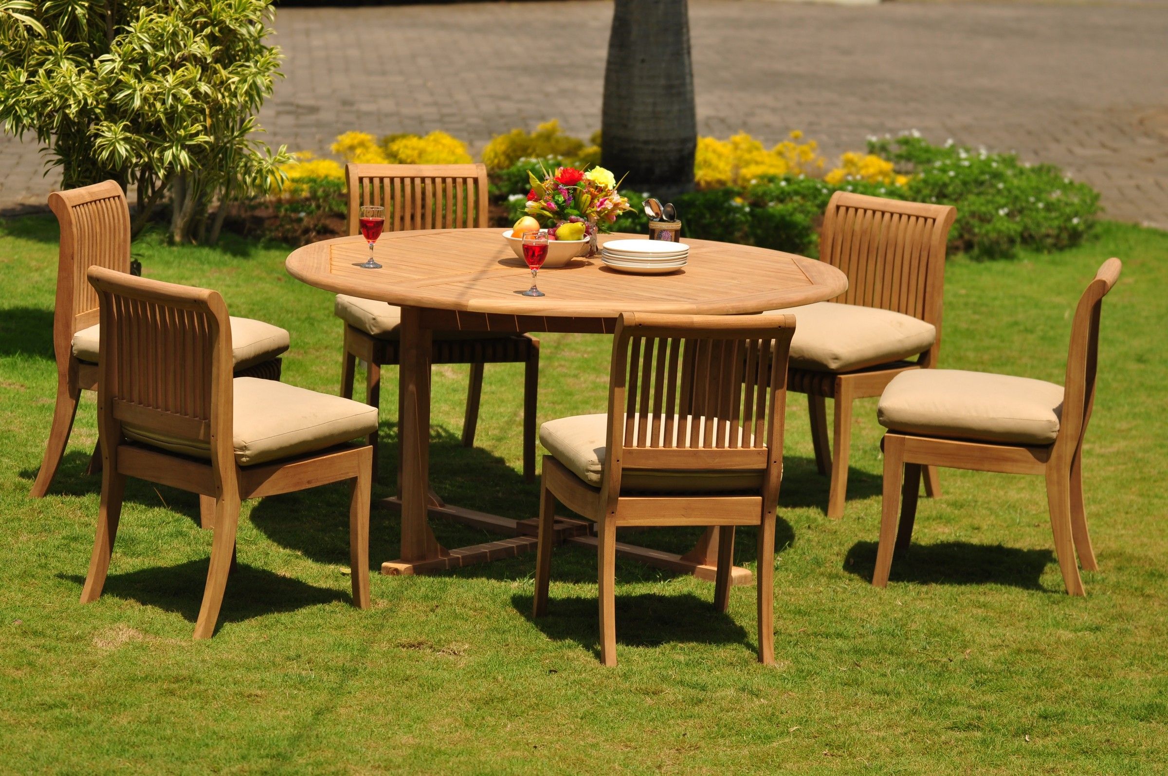 Teak Dining Set: 6 Seater 7 Pc: 60" Round Table And 6 Giva Armless Throughout Teak Folding Chair Patio Dining Sets (View 4 of 15)