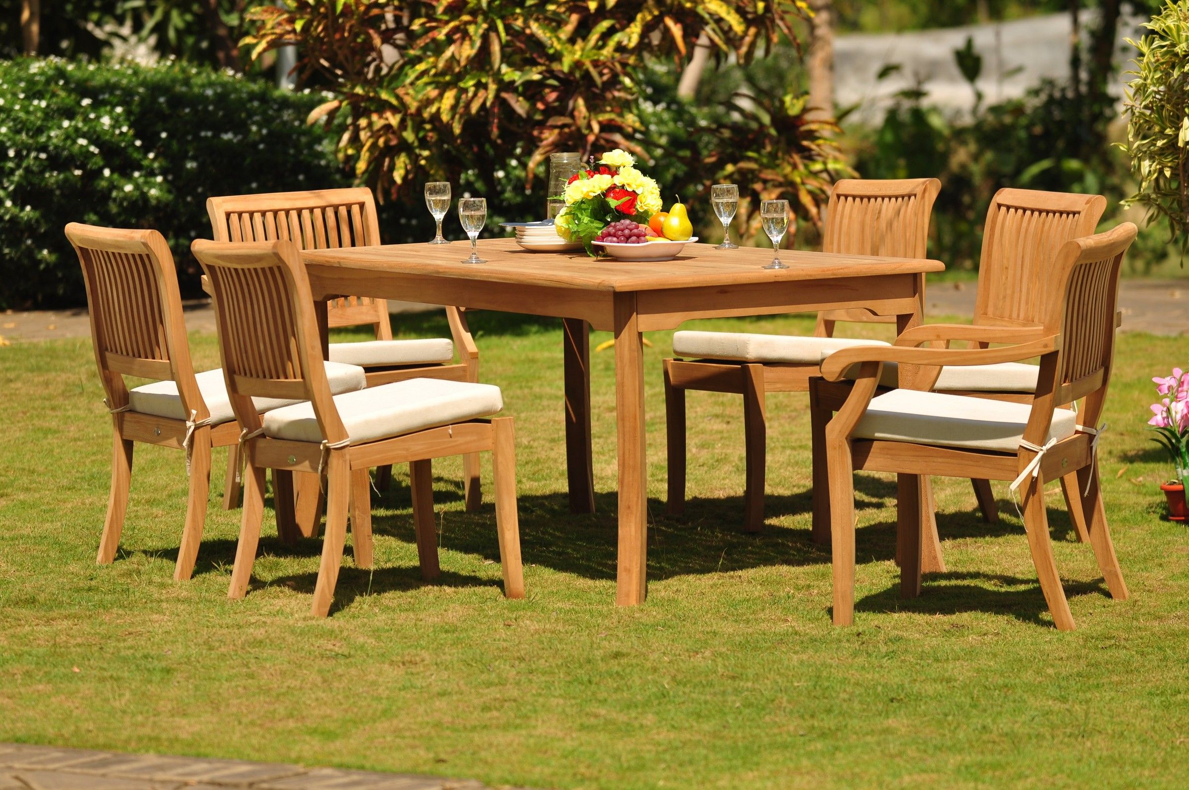 Teak Dining Set: 6 Seater 7 Pc: 71" Rectangle Table & 2 Stacking Arbor Intended For Teak Wood Outdoor Table And Chairs Sets (View 2 of 15)