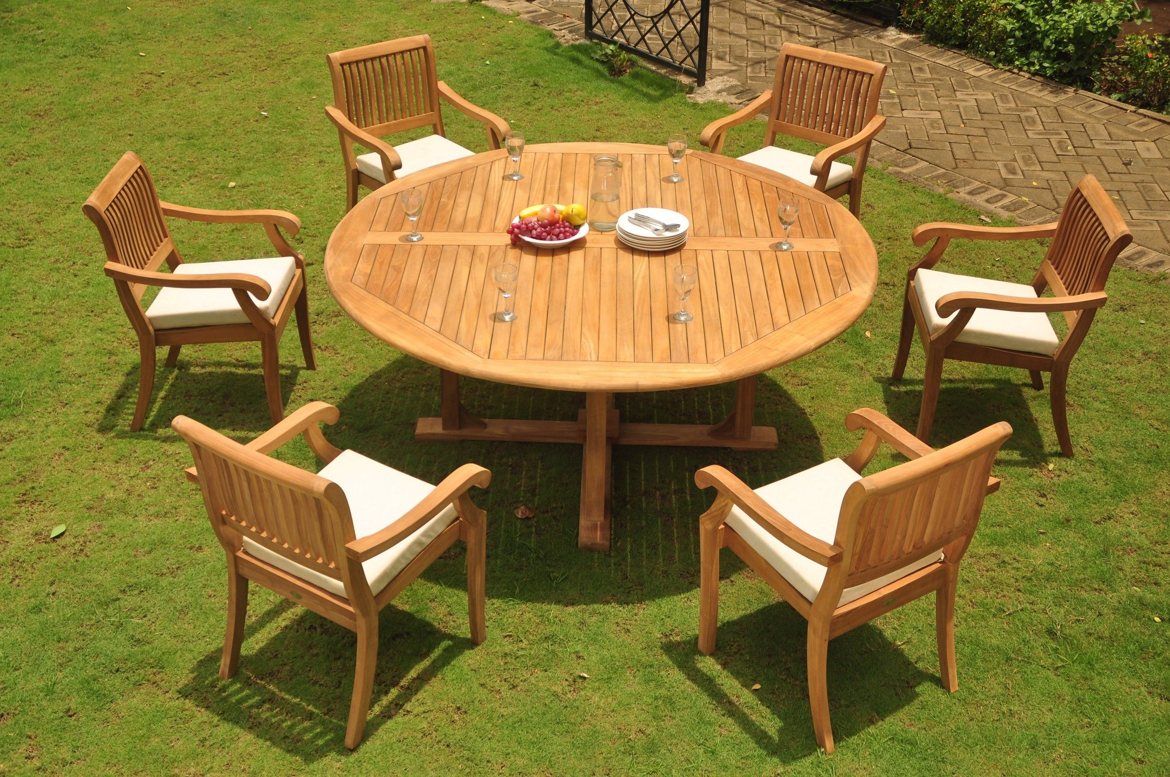 Teak Dining Set: 6 Seater 7 Pc: 72" Round Dining Table And 6 Arbor With Teak Armchair Round Patio Dining Sets (View 5 of 15)