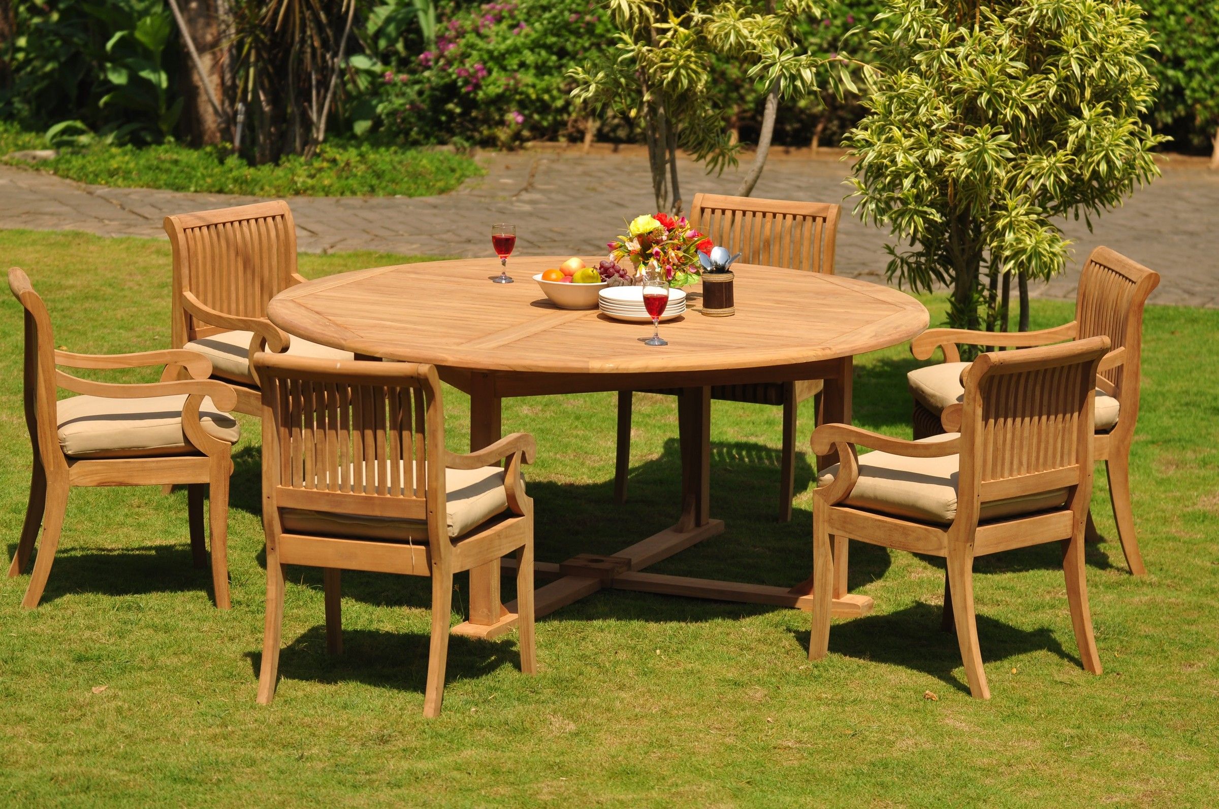 Teak Dining Set: 6 Seater 7 Pc: 72" Round Table And 6 Giva Arm Chairs Inside Teak Outdoor Loungers Sets (View 11 of 15)