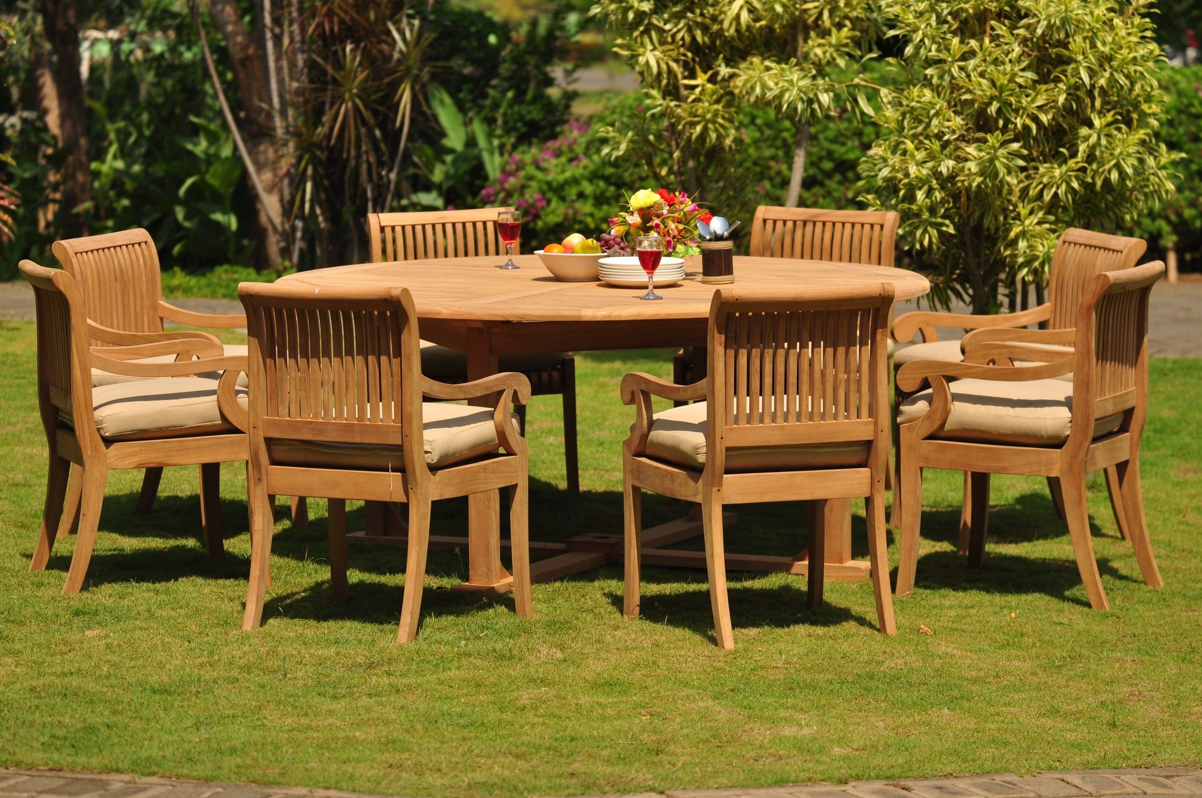 Teak Dining Set: 8 Seater 9 Pc: 72" Round Table And 8 Giva Arm Chairs Pertaining To Teak Folding Chair Patio Dining Sets (View 3 of 15)