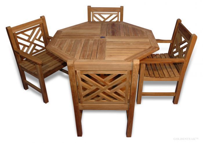 Teak Dining Set, Octagon Table 48 Inch, 4 Chippendale Dining Chairs Inside Octagonal Outdoor Dining Sets (View 12 of 15)