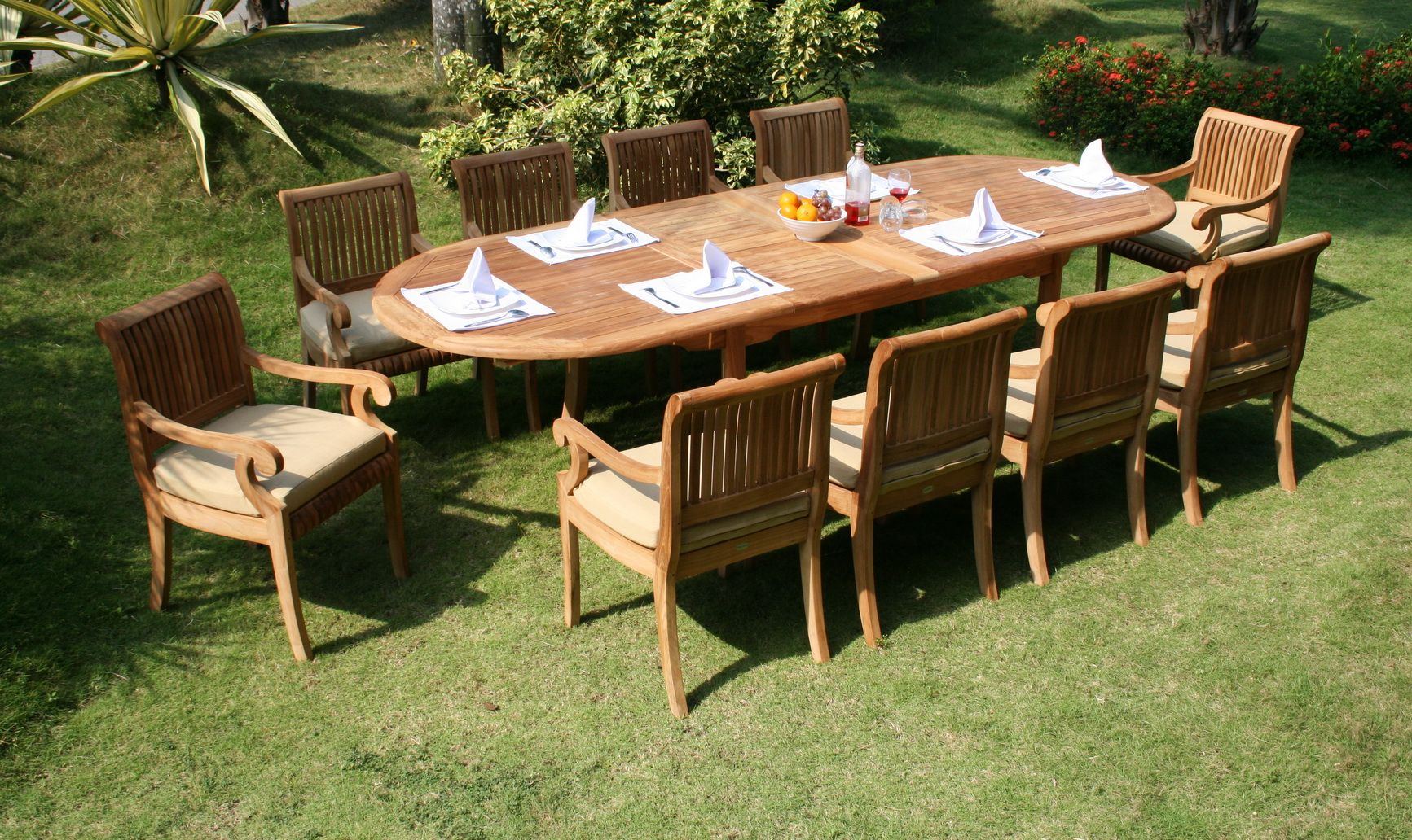 Teak Dining Set:10 Seater 11 Pc – 117" Double Extension Oval Table 10 Pertaining To Teak Wood Outdoor Table And Chairs Sets (View 10 of 15)