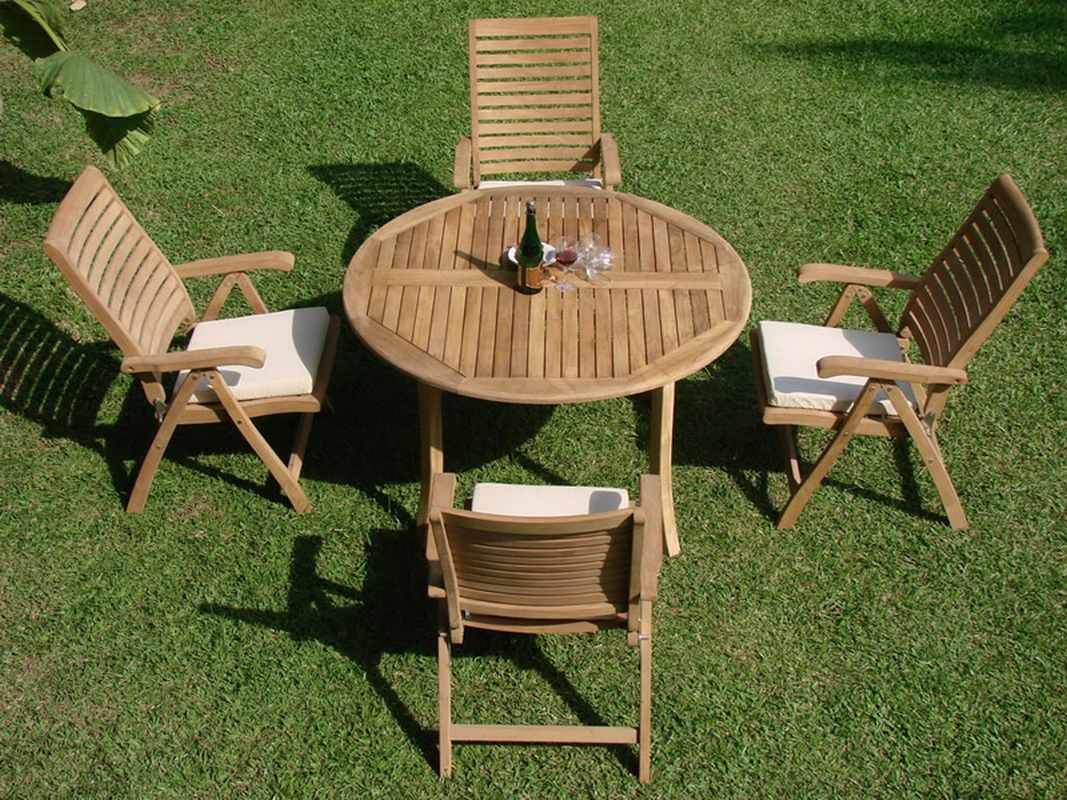 Teak Dining Set:4 Seater 5 Pc – 48" Round Table And 4 Ashley Reclining Throughout Teak Outdoor Loungers Sets (View 8 of 15)