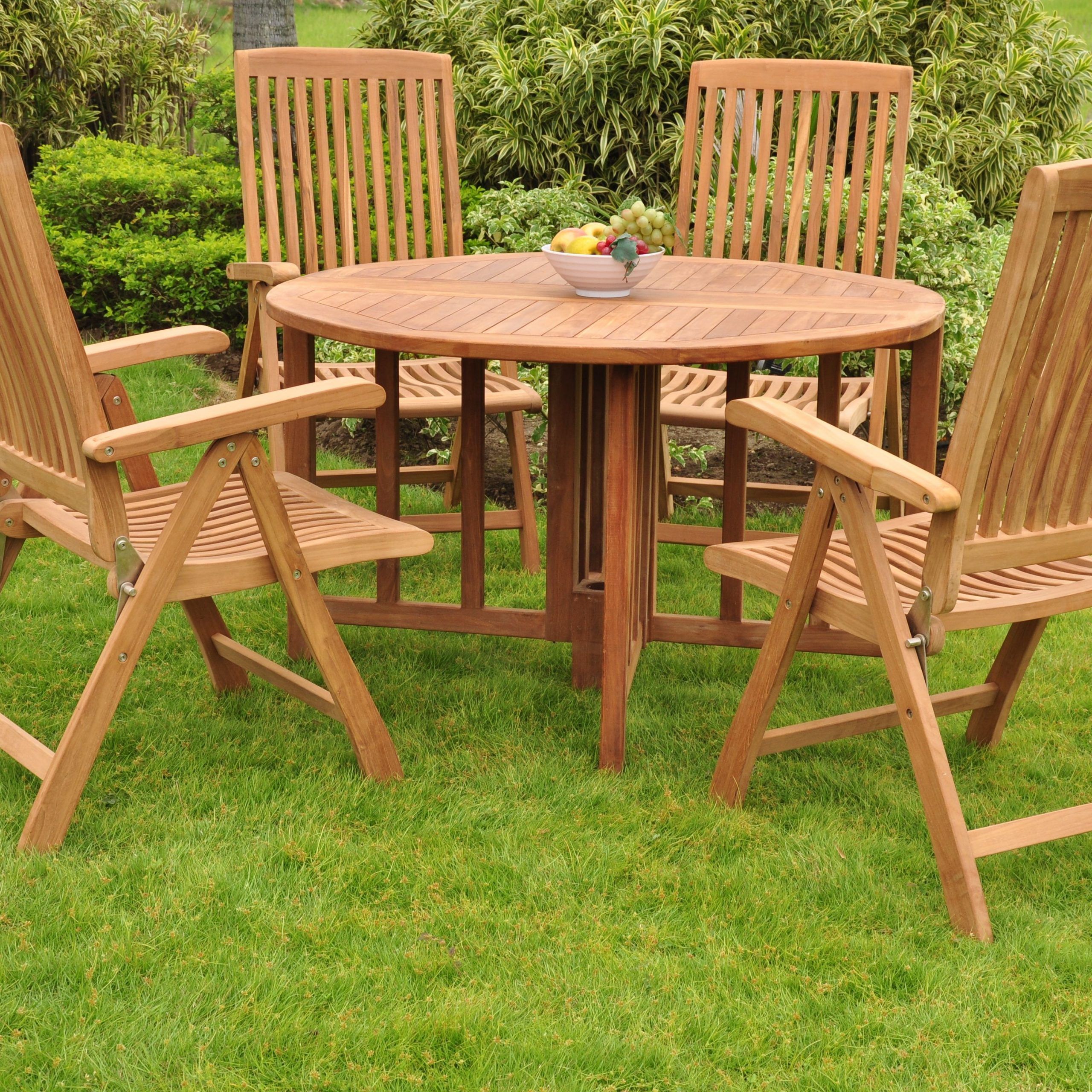 Teak Dining Set:4 Seater 5 Pc – 48" Round Table And 4 Marley Reclining In Teak Folding Chair Patio Dining Sets (View 1 of 15)