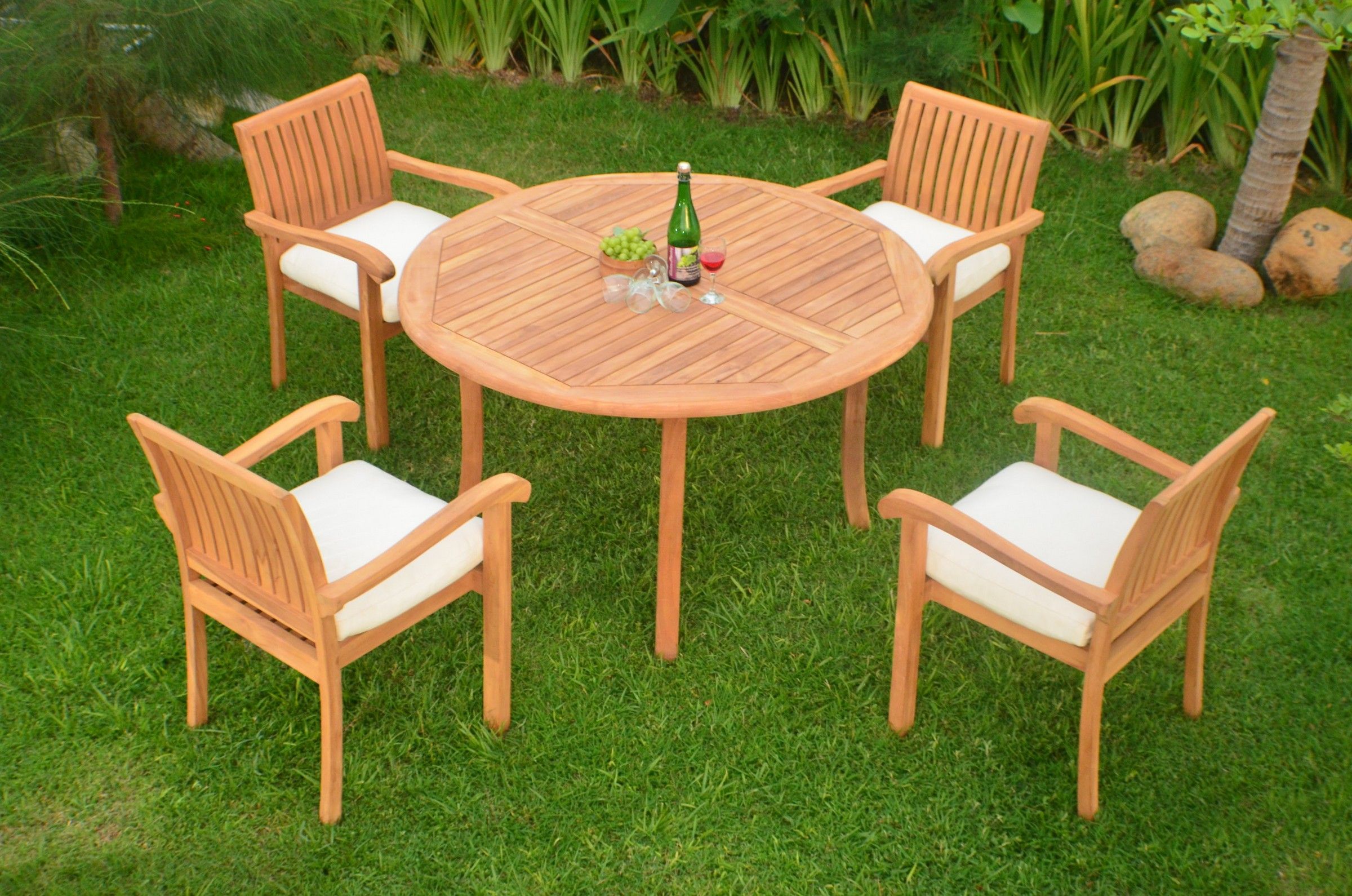 Teak Dining Set:4 Seater 5 Pc – 52" Round Table And 4 Stacking Napa Arm For Teak Armchair Round Patio Dining Sets (View 8 of 15)