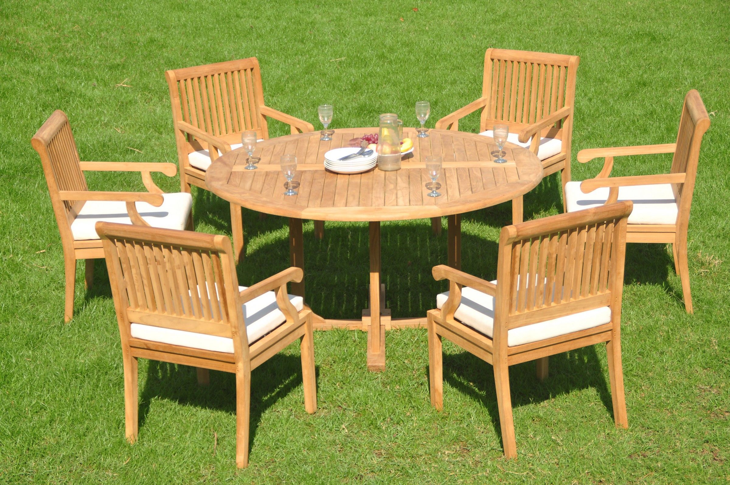 Teak Dining Set:6 Seater 7 Pc – 60" Round Table And 6 Sack Arm Chairs Inside Teak Outdoor Loungers Sets (View 7 of 15)